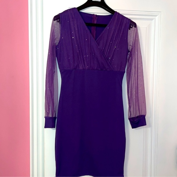 New Long Sleeves Purple Sequin Glitter V-Neck Dress Sz XS - Picture 4 of 5